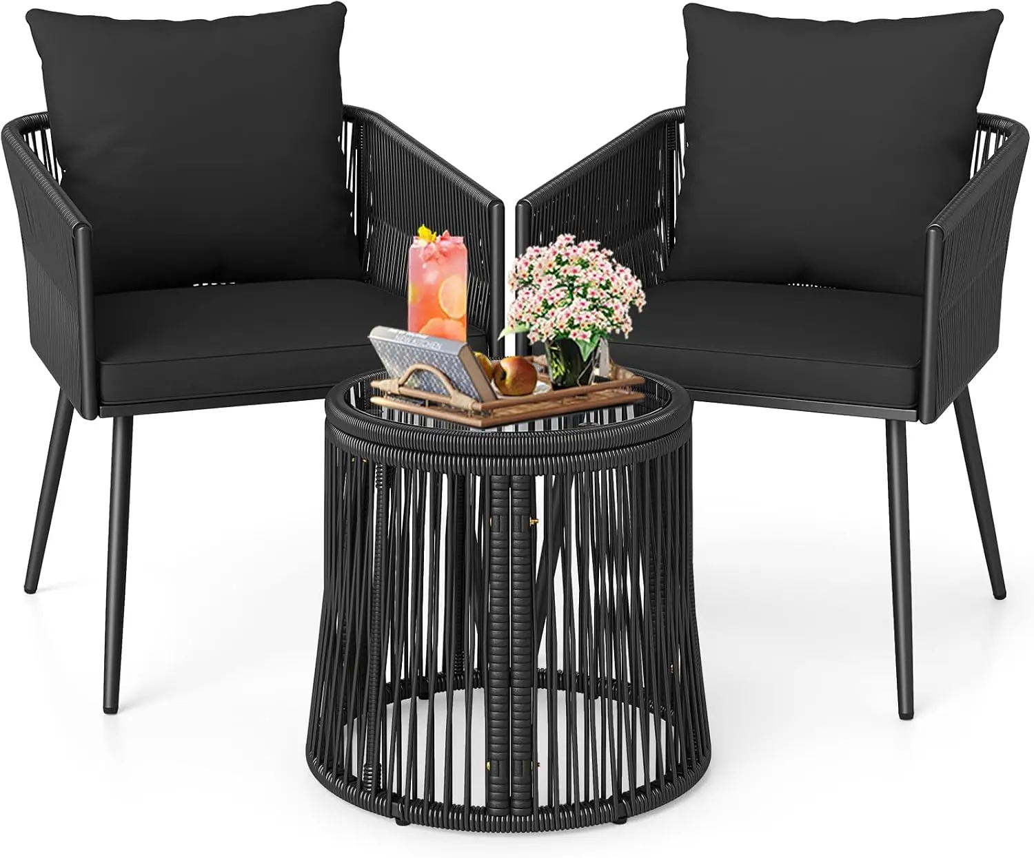 3 Piece Outdoor Wicker Bistro Set, PE Rattan Chairs with Cushions & Round Side Table with Tempered Glass Top, Patio Conversation