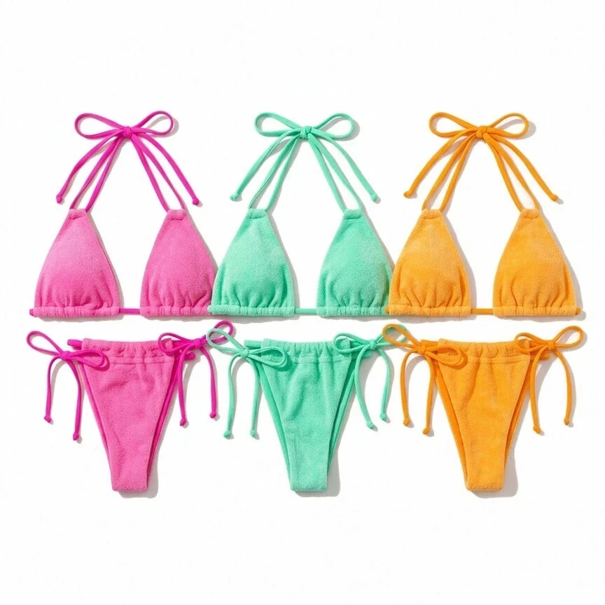 Terry Towel Bikini Set Women Sexy Halter Triangle Tie Side Brazilian Swimsuit Beachwear Bathing Suit Two Piece