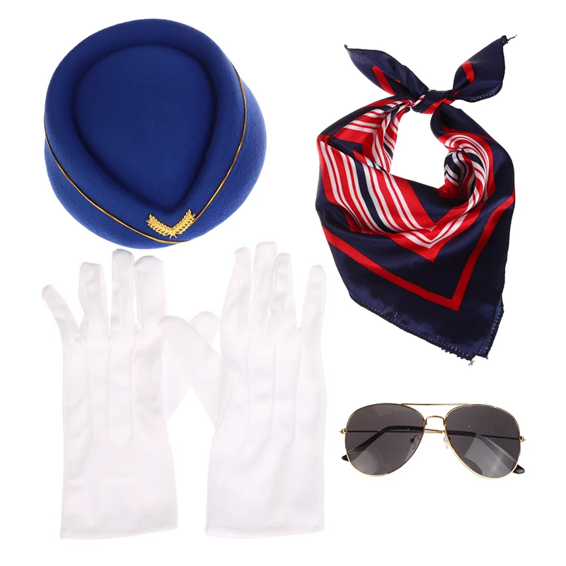 1Set Women's Flight Attendant Clothing Accessories Cosplay Props Costume Hat Sunglasses Scarf Gloves