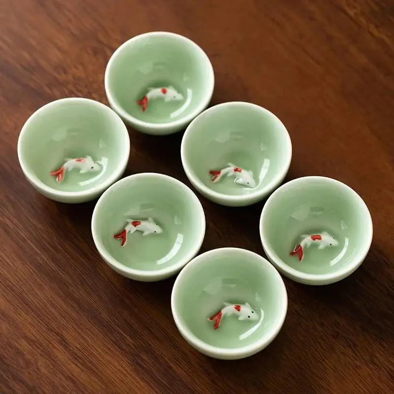 Handpainted Ceramic Embossed  Carps Teacup Longquan Celadon Fish Luohan Vintage Personal Cups Green Blue