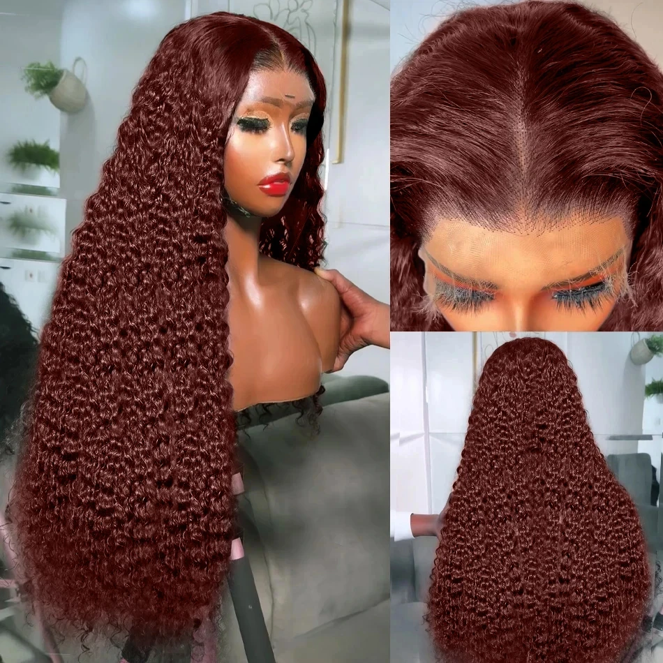 Peruca dianteira do laço com o cabelo do bebê, Onda Profunda Solta, Peruca Frontal, Cabelo Humano Colorido, Cobre Vermelho, Marrom Avermelhado, 13x4