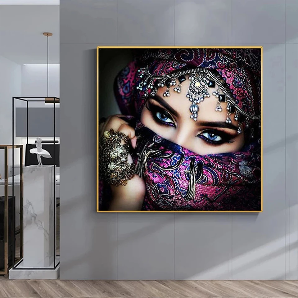 5D Diamond Embroidery Indian Woman Mosaic Rhinestone Diamond Painting Muslim Portrait Cross Stitch Kits Round Drill Home Decor