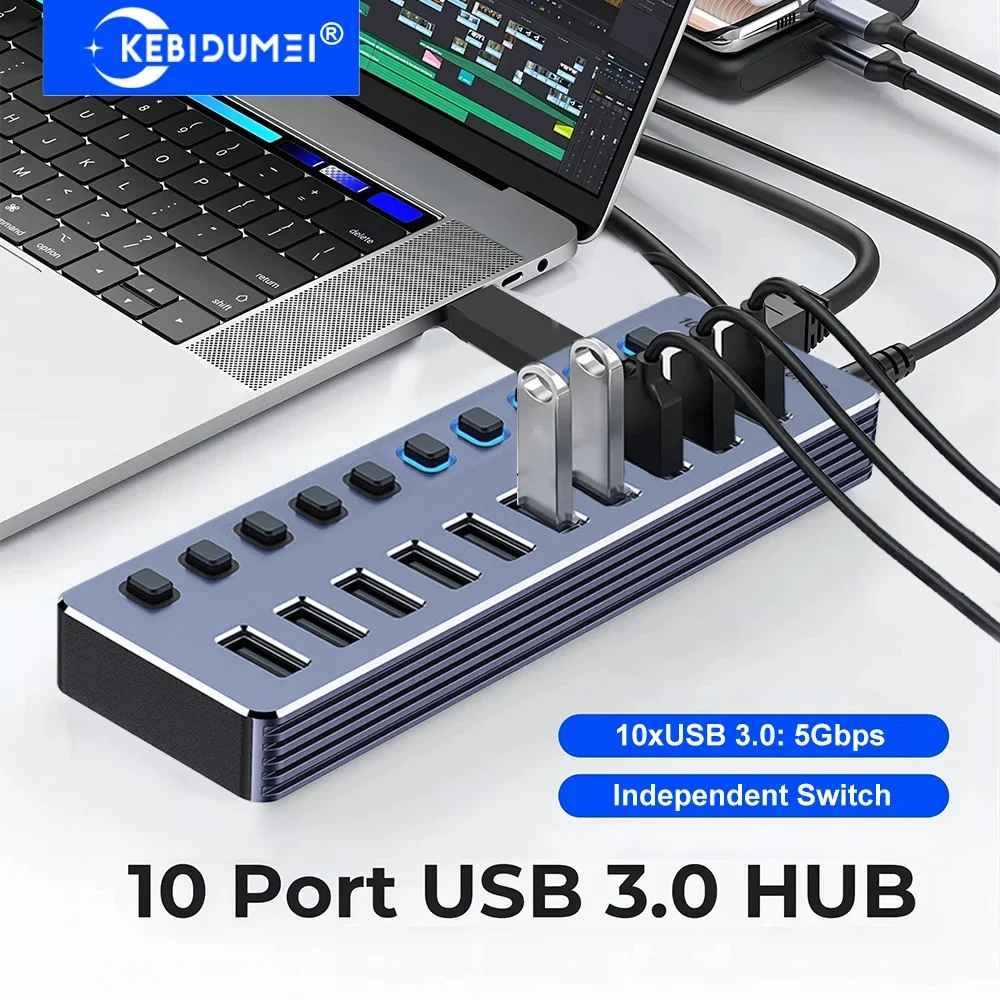 KEBIDUMEI 10-in-1 USB 3.0 Hub 5Gbps High Speed Docking Station Independent On/Off Switch Type-C Splitter for PC Laptop Desktop