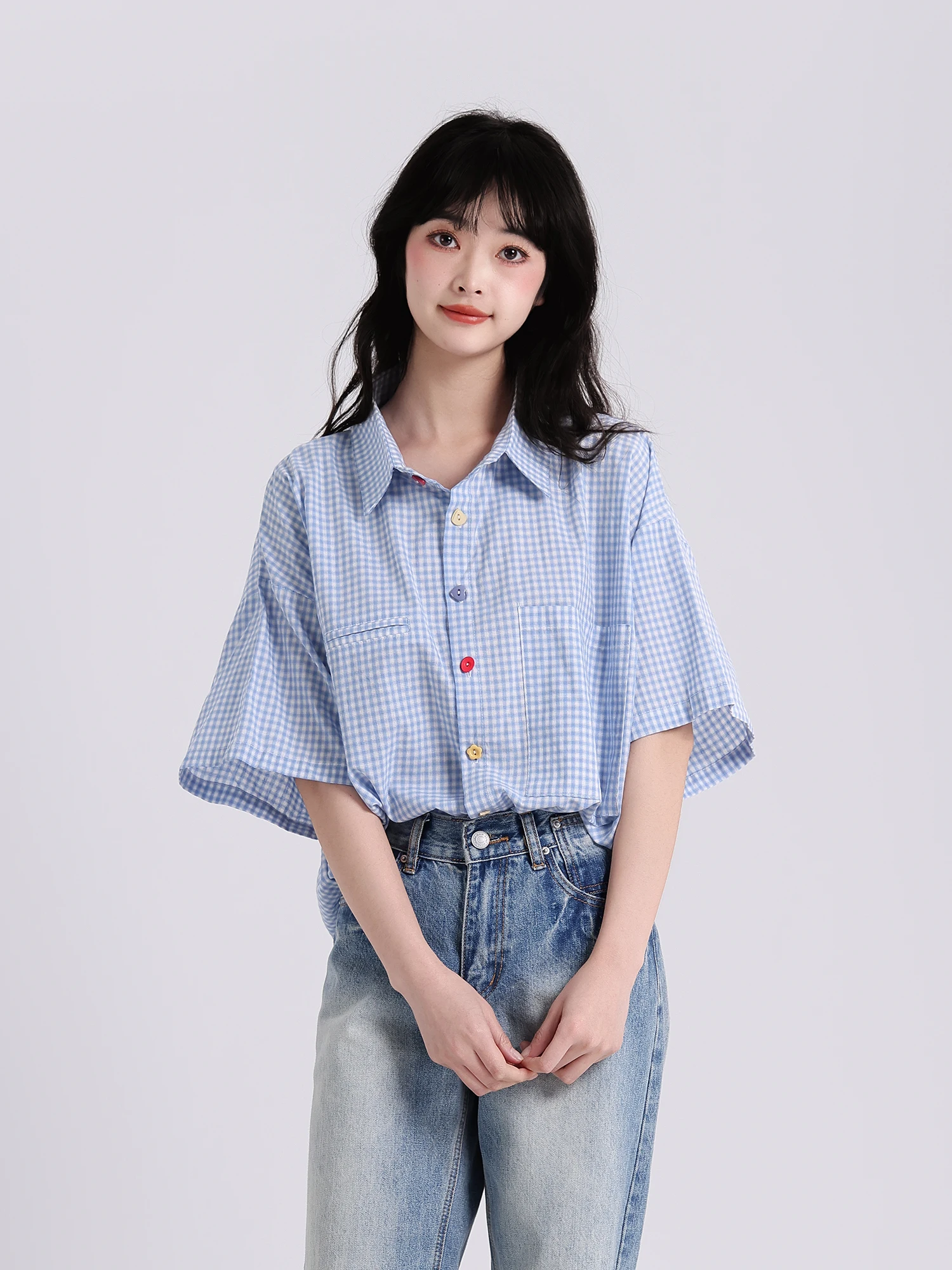 Top casual da donna allentato scozzese blu ort Sve irt Summer Sweet Versatile Button up coreano Sle Commute Faion