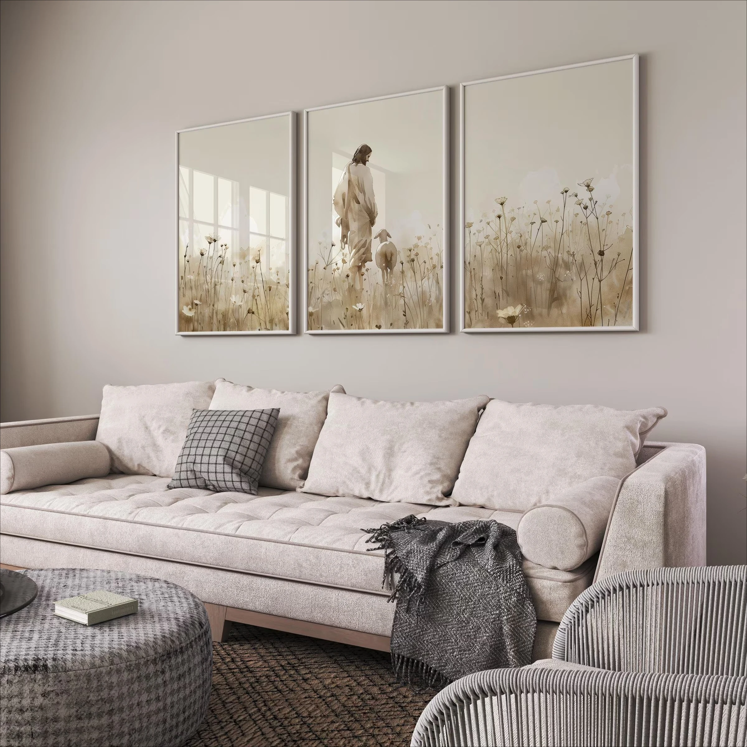3pcs/Set frameless, Jesus The Lost Sheep Wild Flower Field Canvas Print Beige Bible Prayer Christian Faith Shepherd Poster for H