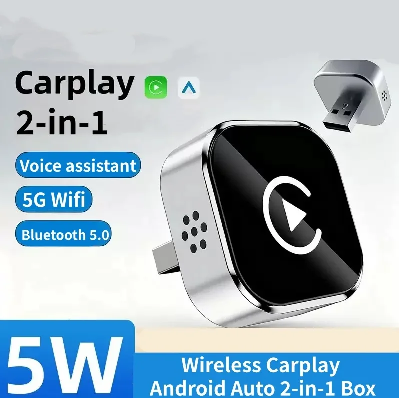 

Адаптер CarPlay и Android Auto 2-в-1 с 5G WiFi и Bluetooth, быстрое подключение, универсальный для автомобиля, Plug & Play, голосовой помощник