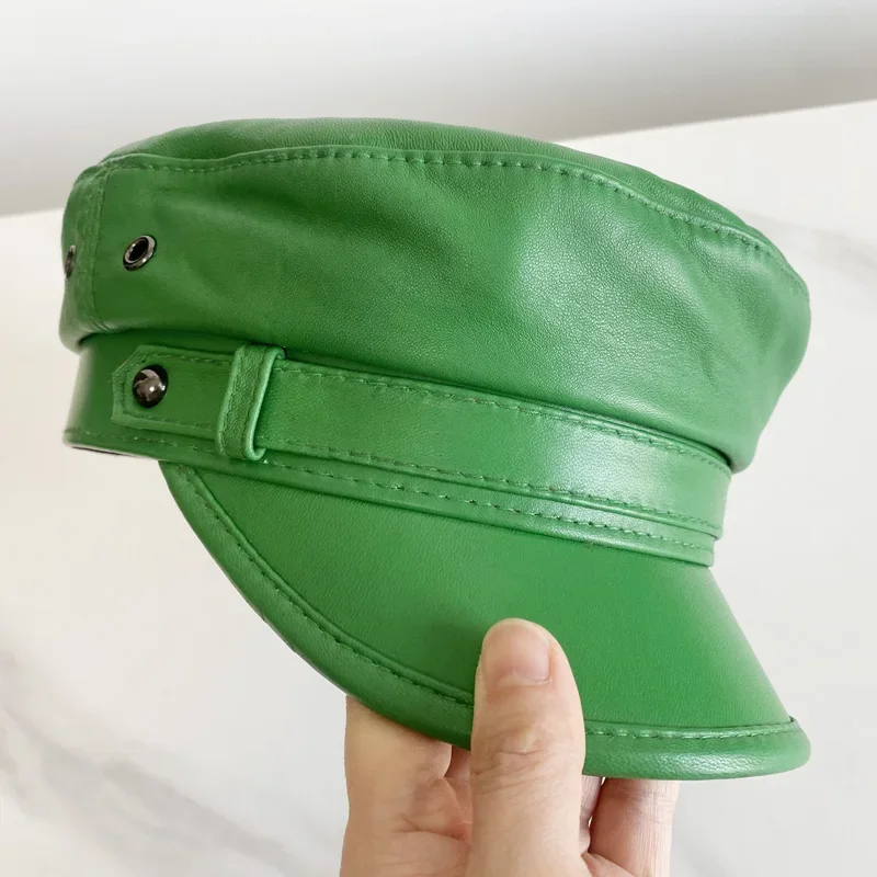 Casquette militaire verte en cuir véritable, chapeaux de marin pour femmes et hommes, chapeau de cadet de voyage à dessus plat, chapeau militaire en peau de mouton