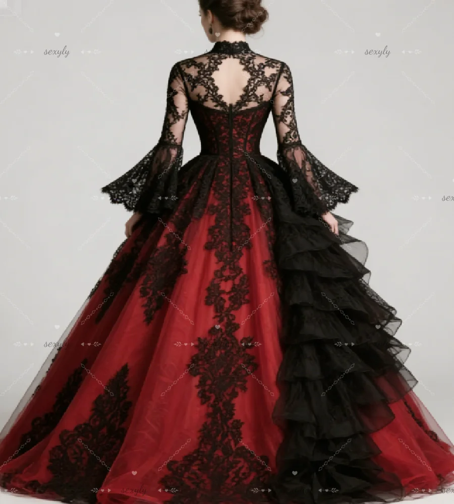 Fantasy Black And Red Gothic Wedding Dress High Neck Lace Medieval Celtic Bridal Gowns Ruffles Long Sleeve Lace Vampire Brides
