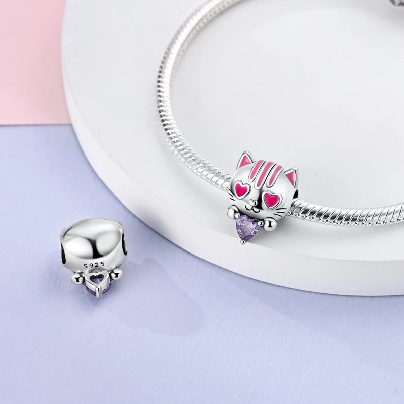 Pink Cat, Purple Zircon Beads Plata 925 Original Beads Fit Original 925 Charms Bracelet Beads Jewelry Gifts For Women
