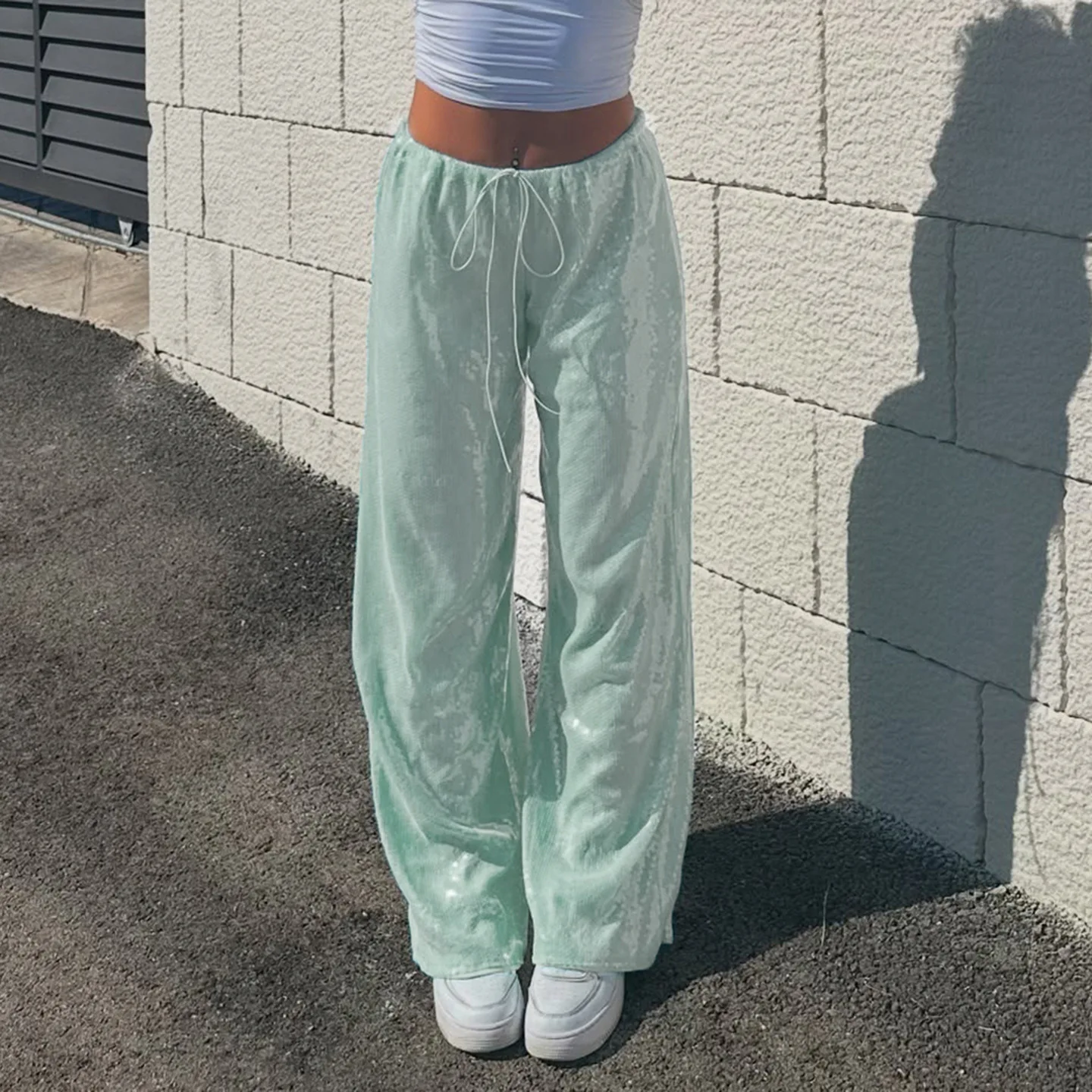 여성 패션 글리터 스팽글 루즈 스트레이트 팬츠 레이스업 허리 나이트 클럽웨어 파티 바지 올 매칭 스트리트웨어 바지