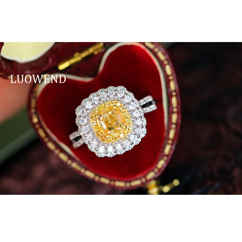 LUOWEND 100% 18K White Gold Rings Luxury Palace Style Real Natural Yellow Diamond Cocktail Ring for Women Senior Banquet