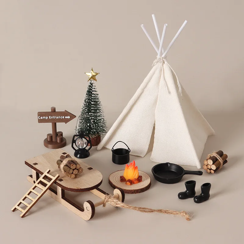 1:12Dollhouse Christmas Camping Scene Set,Mini Teepee Tent Sled Campfire Model,OB11 Micro Landscape Simulation Camping Accessory