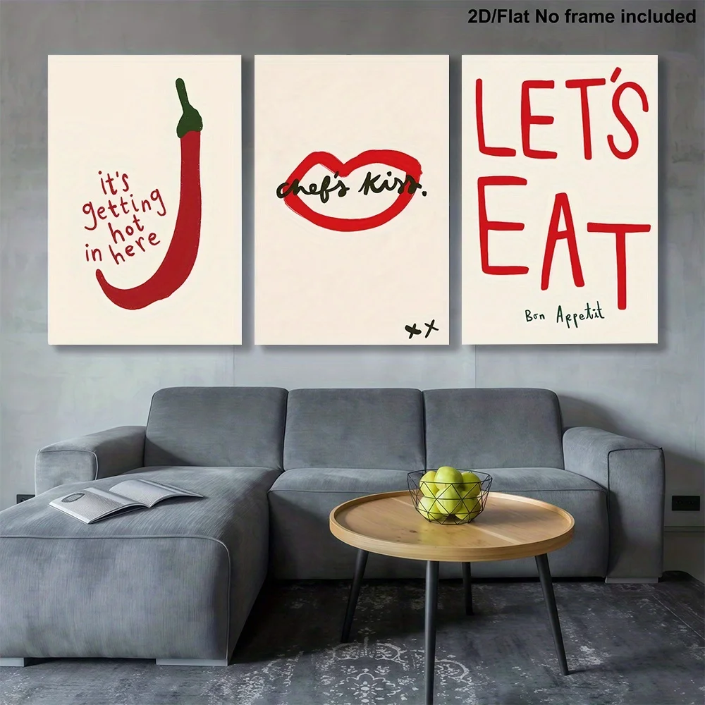 3pcs/Set Vintage Chili Red Lips Let's Eat Kitchen Decor Poster Frameless Abstract Canvas Paintings for Living Room Kitchen Decor