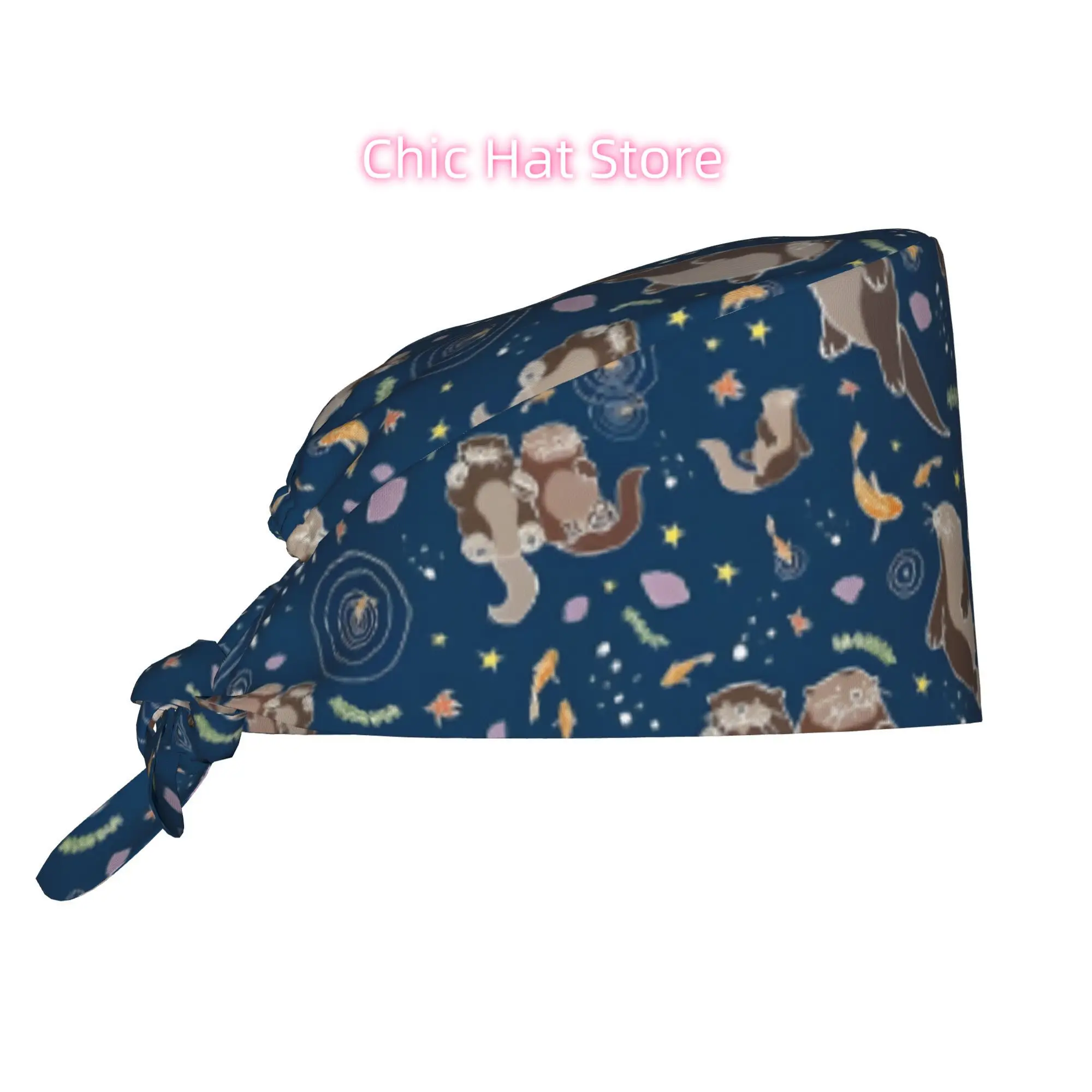 Sea Otters at Night Unisex Work Cap Adjustable Lightweight with Lace Up Desig Dust Proof Suitable for Nurses And Chefs