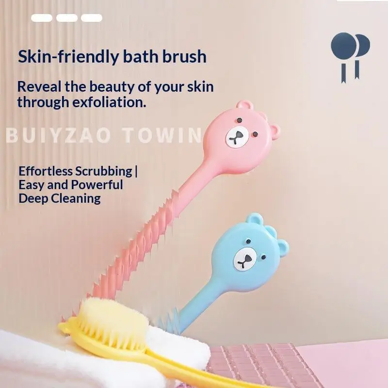Cute Bear Long Handle Bath Brush Soft Bristles Back Scrubber Exfoliating Shower Body Cleaning Brush