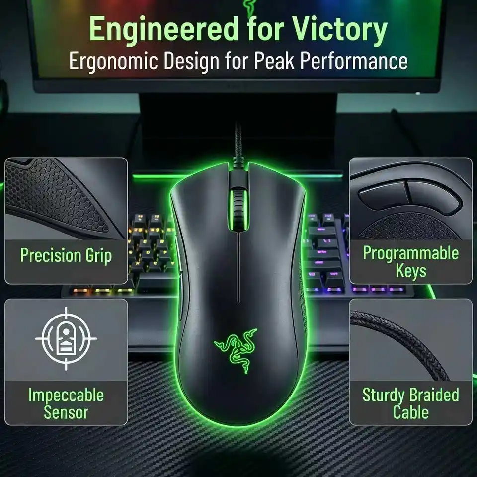 ماوس ألعاب سلكي Razer DeathAdder Essential بدقة 6400DPI، مستشعر بصري، 5 أزرار مستقلة للابتوب والكمبيوتر - 2
