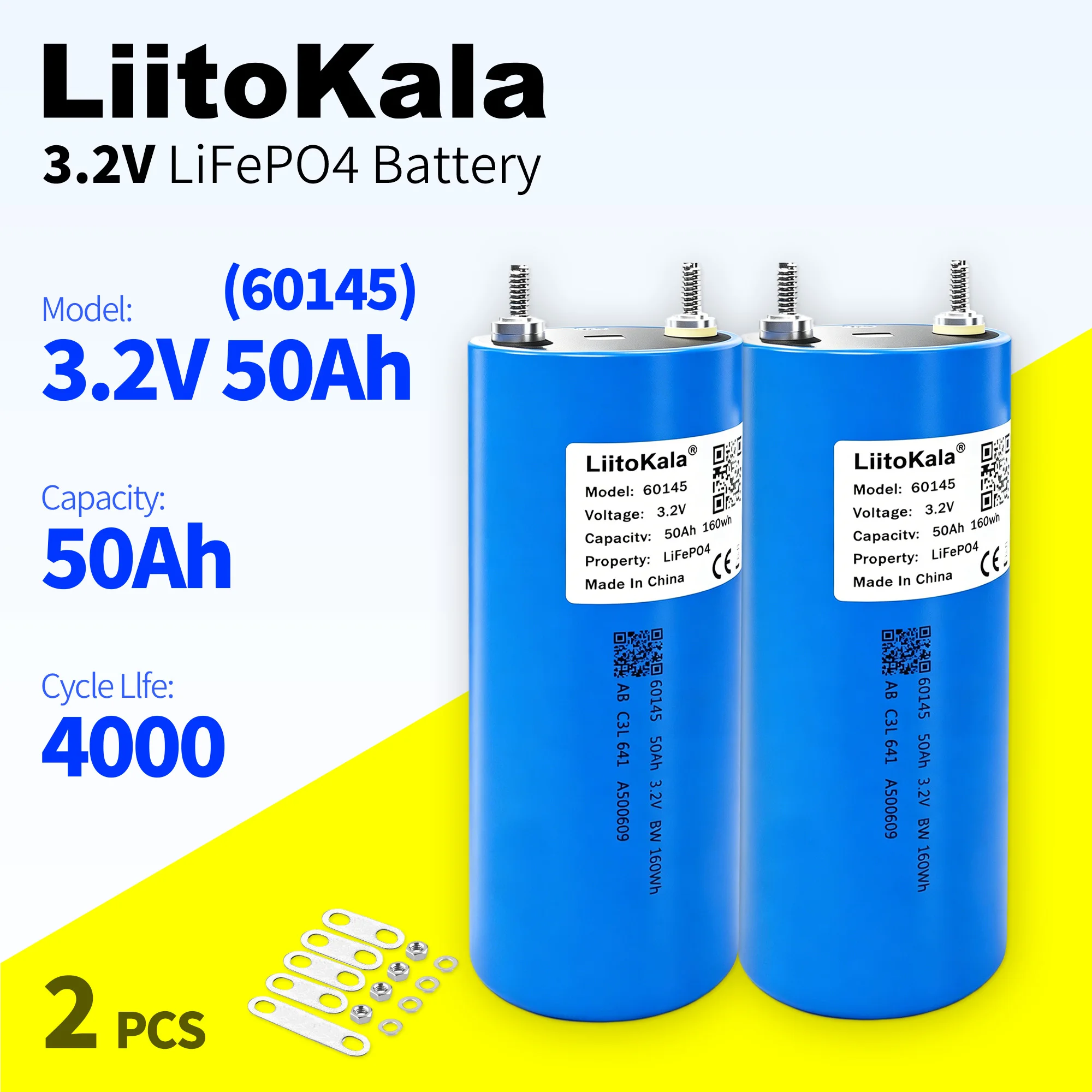 Liitokala 3.2V 50Ah LiFePO4 Battery 60145 Lithium Iron Phosphate for Off-Grid Solar Energy System Car Golf Cart 12V 24V
