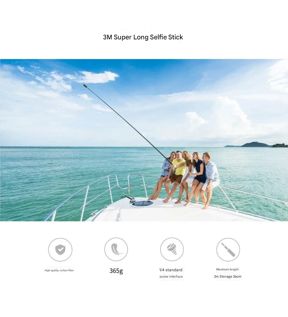 كاميرا سيلفي رياضية طويلة جدًا للهاتف المحمول غير مرئية بطول 3 أمتار من ألياف الكربون لكاميرا الحركة البانورامية Insta360