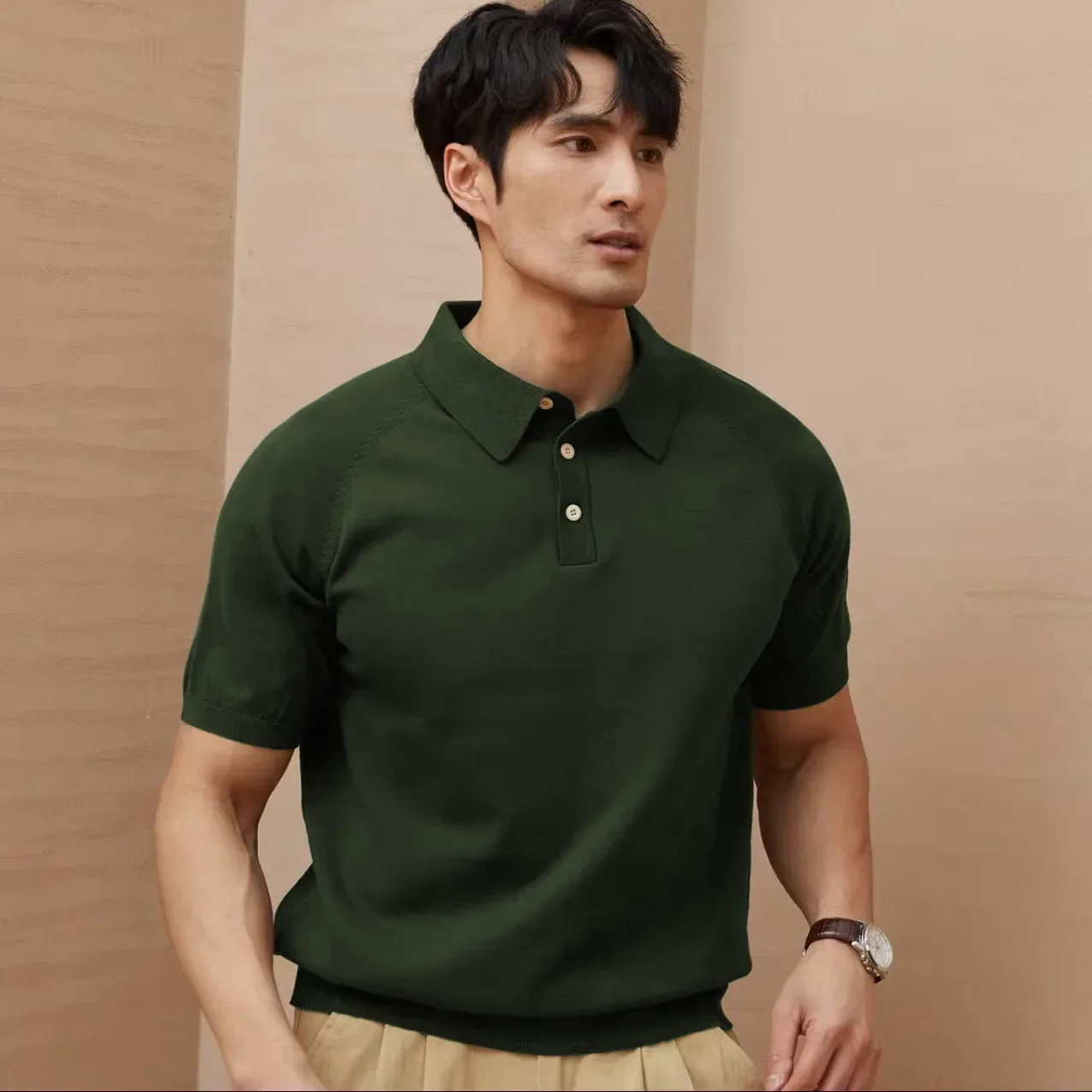 Pop Men's Turn-dwon Collar Short Sleeve Knitted Casual Trendy Solid Color Polo Shirts New Fashion 2025 Summer Slim Business T-sh
