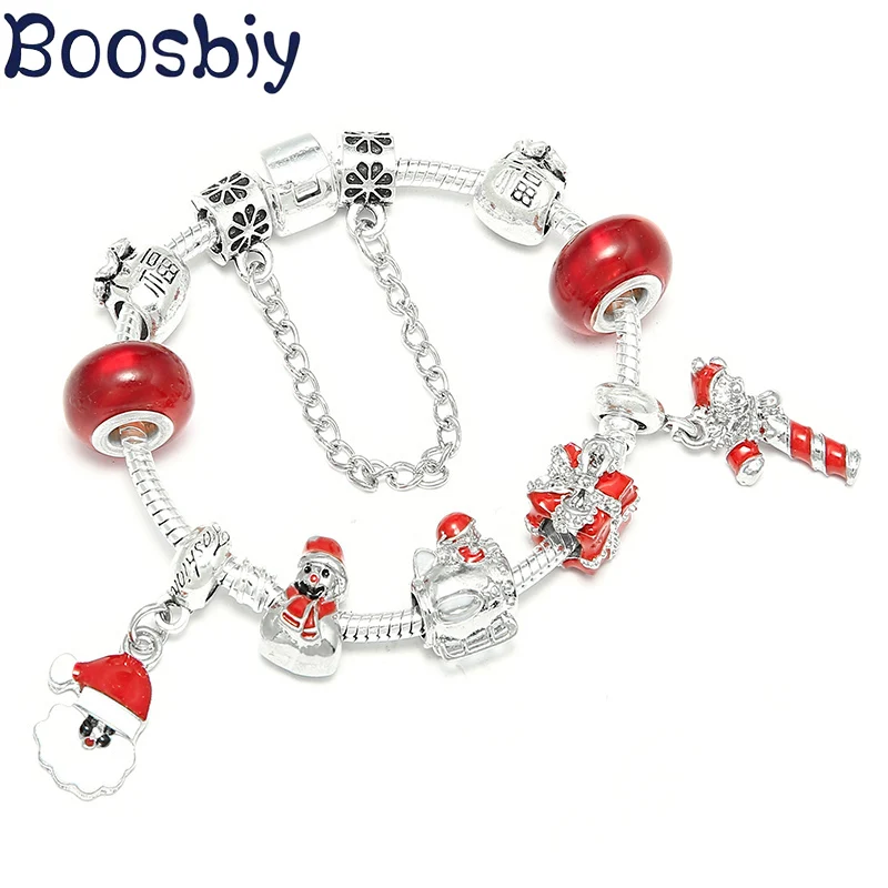 DIY Red Scarf Snowman Gift box Beads Charm Bracelet fit Bracelets High Quality Silver Plated Christmas Jewelry Gift For Women