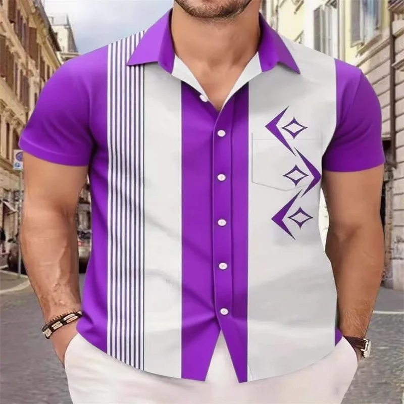 2025 Summer New Trend Hawaiian Fashion Shirt Retro Bowling Geometric Print Men's Shirt Pocket Button Shirt Fast Shipping
