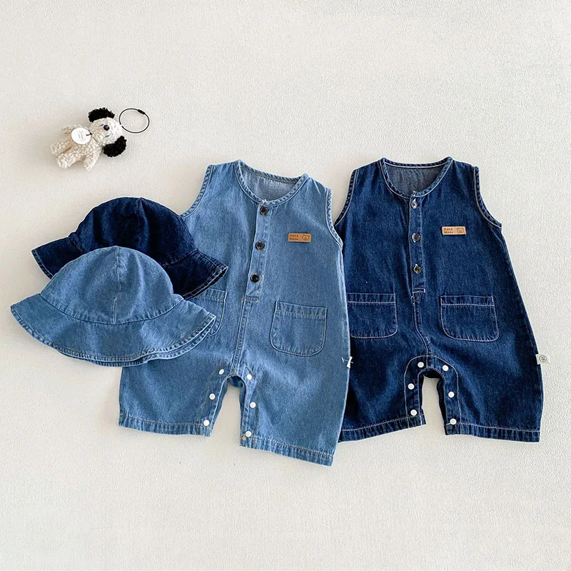 2026 Baby Summer Rompers 3-24M Loose Boys Clothes Thin Toddler One Piece Solid Color Girls Denim Overalls + Hat
