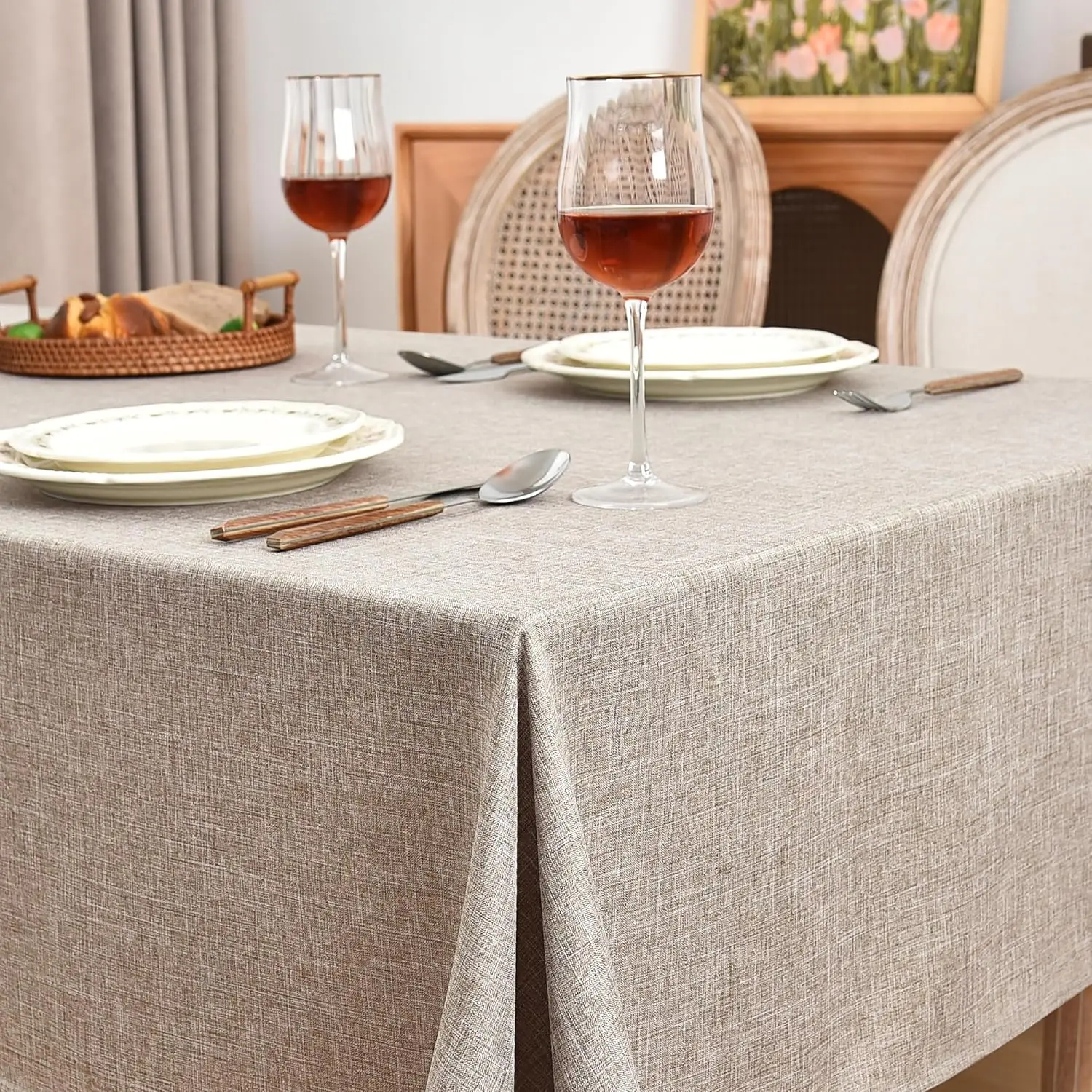

Faux Linen Tablecloths Rectangle 60 x 102 Inch - 6 Pack Neutral Table Clothes for 6 Foot Tables, Nature Faux Burlap Table Covers