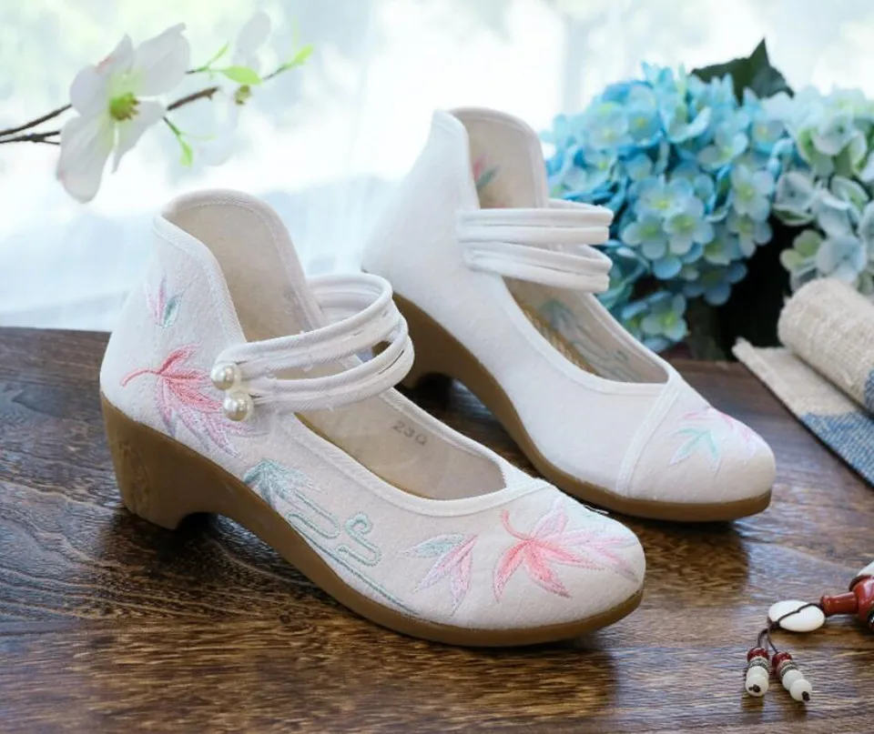 Women Ankle Button Strap Pumps Ethnic Embroidery Mary Jane Dress Shoes Mid Heel Cotton Fabric Espadrilles Vintage Sandals