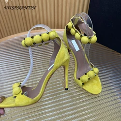 Pompoms Rivet Studed Women Sandals Open Head Stiletto Heels Ankle Strappy Fashion Sexy Lady Party Banquet Shoes Summer Footwear