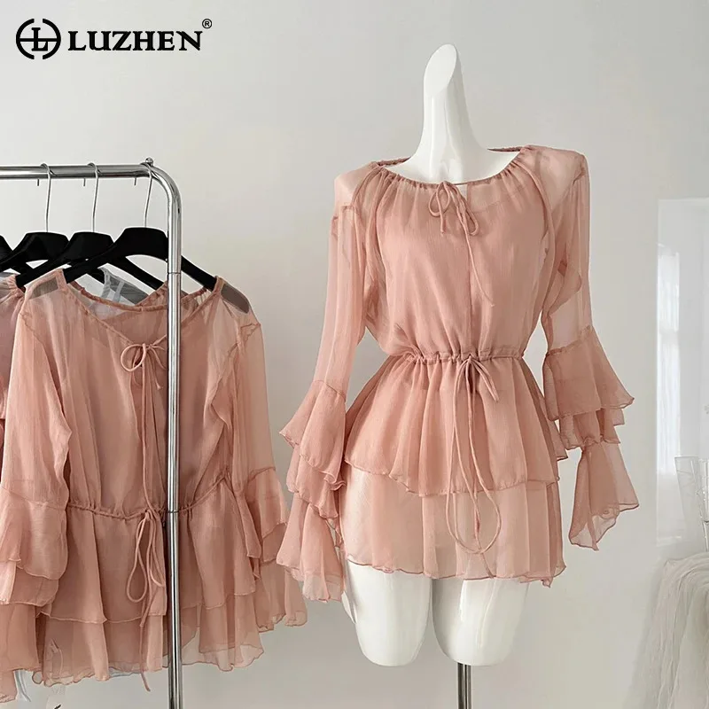 LUZHEN Fashion Elegant Multi Layered Ruffle Tie Up Waist Round Neck Chiffon Shirts Women's 2024 Solid Color Casual Blouse AA1281