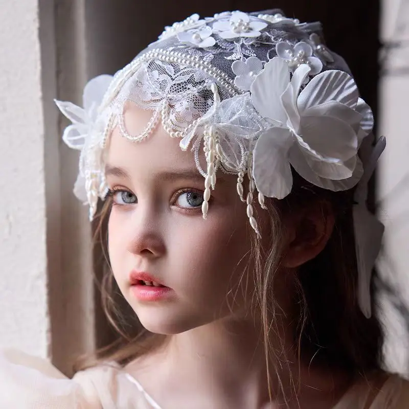 Jill Wish W023 Children's Headdress French Lace Hair Accessories High-end Pearl Flower Hat Wedding Dress