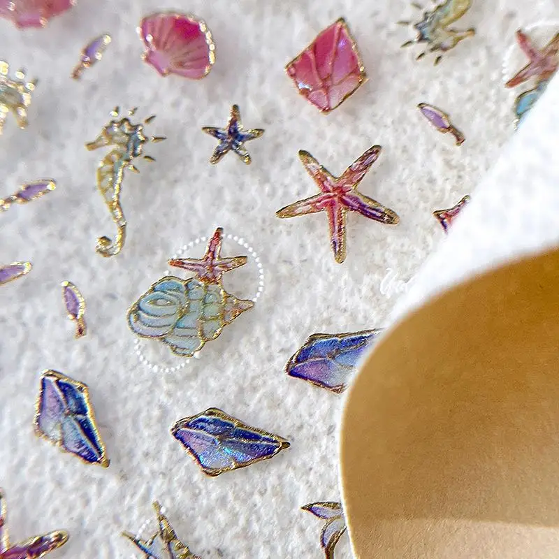 5D Summer Sea Shell Nail Sticker Shiny Embossed Starfish Nails Stickers Summer Shell Seahorse Whale Nail Decals Decoration