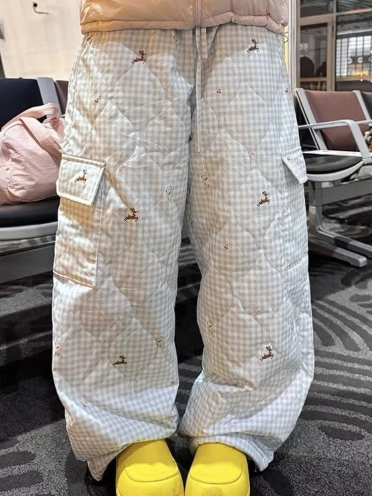 

HOUZHOU Blue Graphic Plaid Women Padded Pants Sweet Pink Wide Leg Korean Fashion Straight Trousers Baggy Thick All-match Winter
