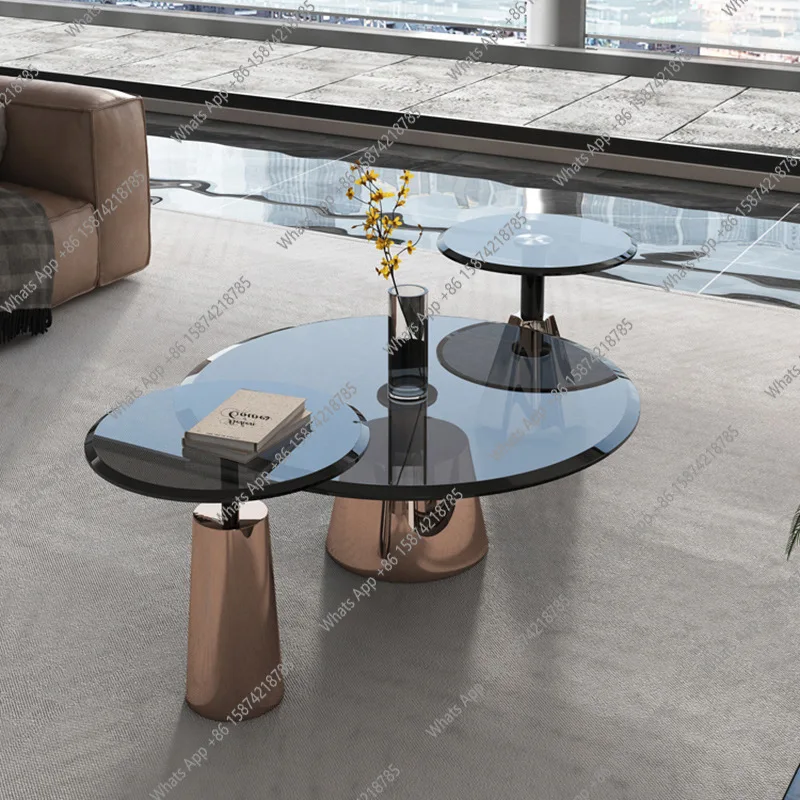 

Rose gold villa tempered glass coffee table household small apartment gold designer living room side table combination Italian m