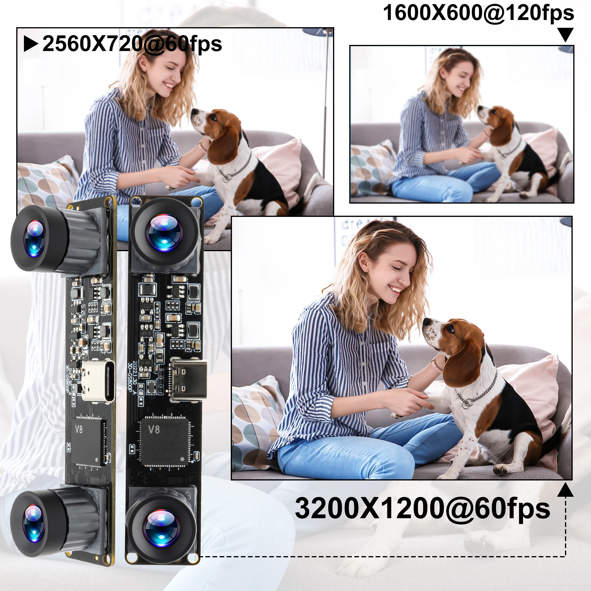 ELP 1200P 3D Stereo Dual Lens Webcam Global Shutter USB Camera Module for Computer High Speed 120fps Industrial Embedded Camera