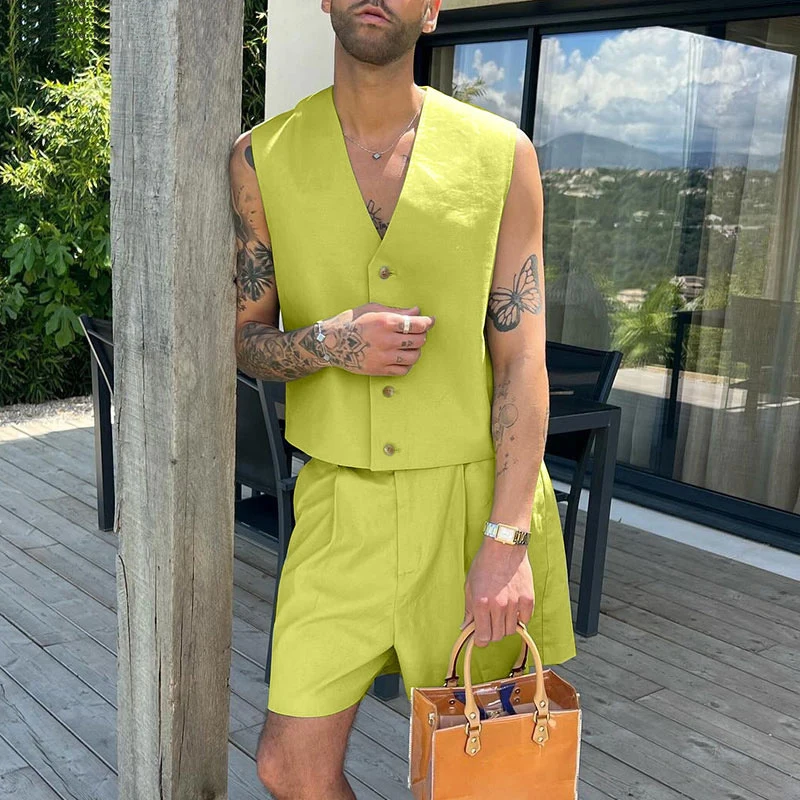 

Summer Men's Solid Color Sets Casual V Neck Sleeveless Crop Vest &Shorts 2 Piece Sets Fashion Popular Streetwear Casual Suits
