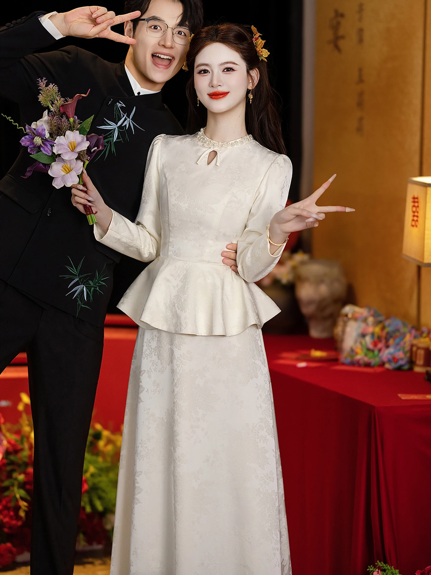 

Champagne Color Long Sve Wedding Dr Vintage Sle mid Waist Zipper Ba Formal Evening Gown for Engagement And Banquet