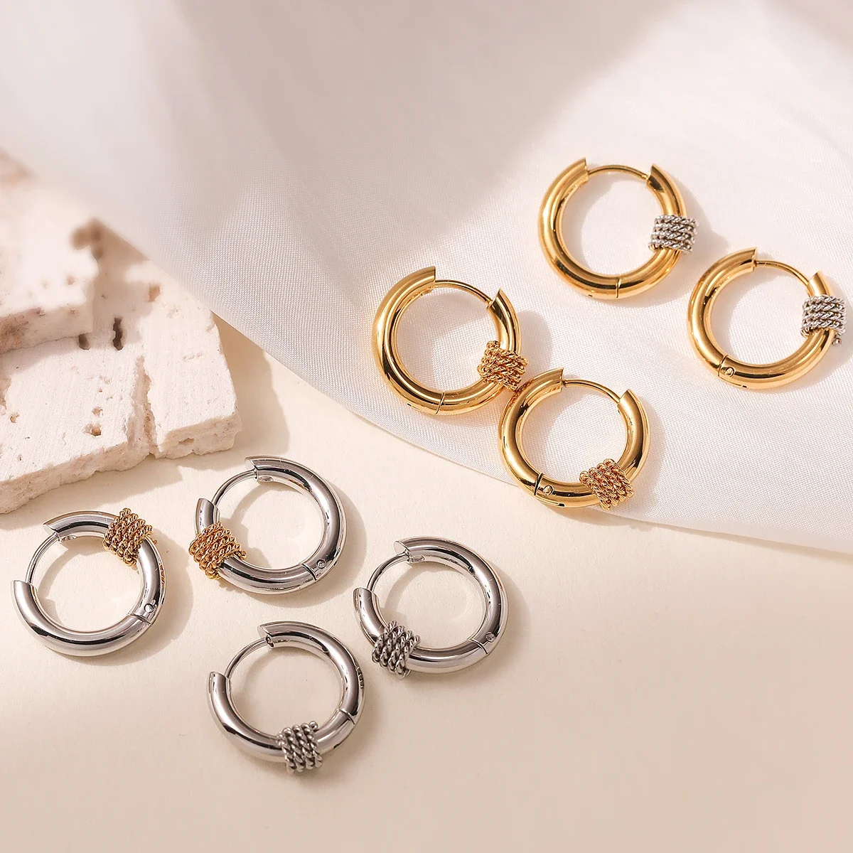 NEWBUY 316 Stainless Steel Two Tone Hoop Earrings Waterproof Minimalist Braided Bead Accent OL Style Daily Women Jewelry