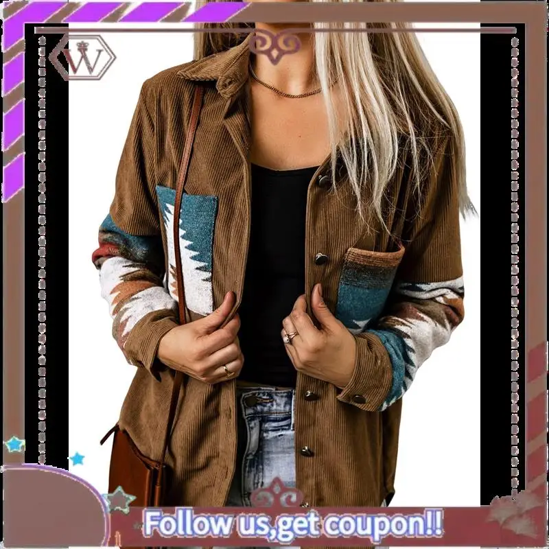 

A95D-Womens Corduroy Flannel Shirt Long Sleeve Button Down Loose Shacket Jacket With Pockets