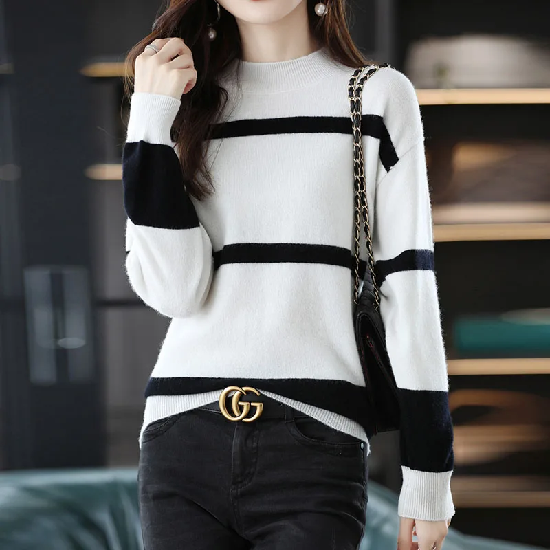 

Вязаный свитер, женские пуловеры, новый полосатый вязаный свитер с длинным рукавом и воротником-стойкой, пуловер, женские топы Sueters De Mujer 2025 Q1395