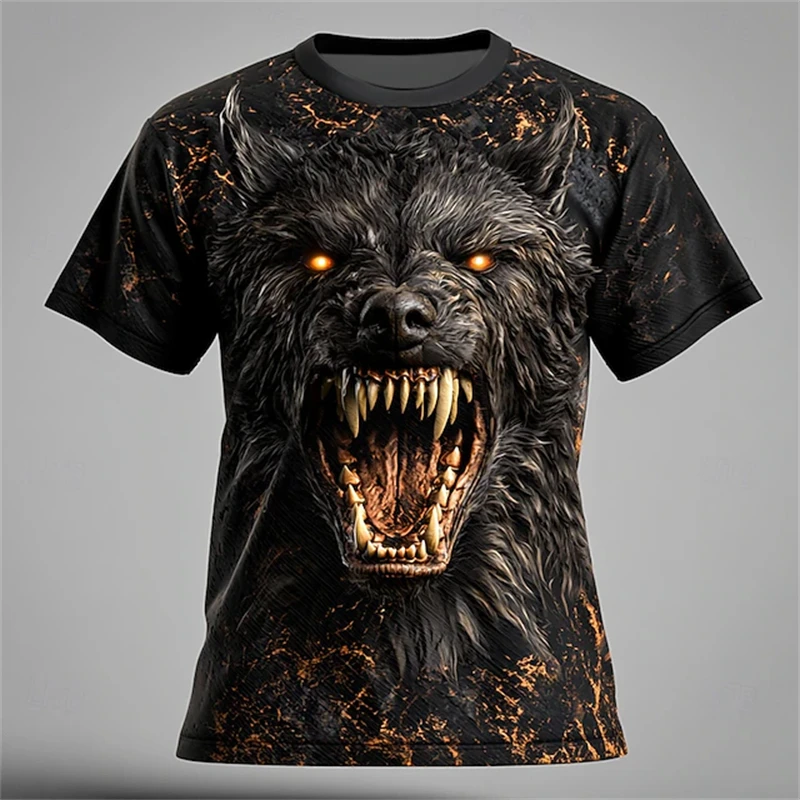 New Men's Halloween Short-Sleeve T-Shirt Black and Gold Wolf Print Men T-Shirt Short-Sleeve Crew Neck Outdoor Streetwear T-Shirt