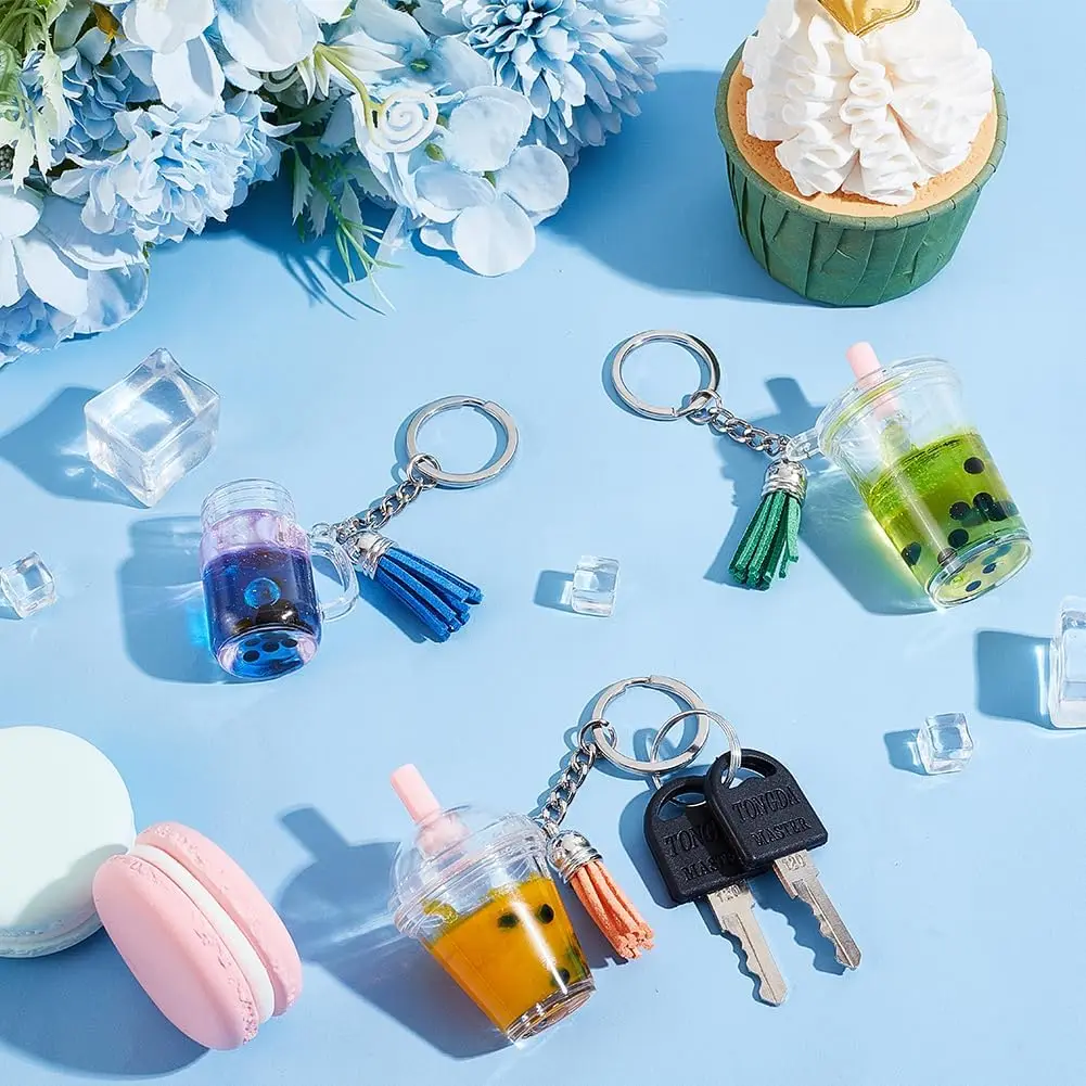 

50PCS Mini Cup Keychain Kit Tea Keychain Accessories Set Bubble Tea Keychain Kit Mini Cup Pendants DIY Keychain Rings Making