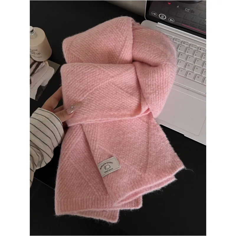 Korean solid color gentle milk huhu autumn and winter warm rhombus pattern wool scarf student warm scarf