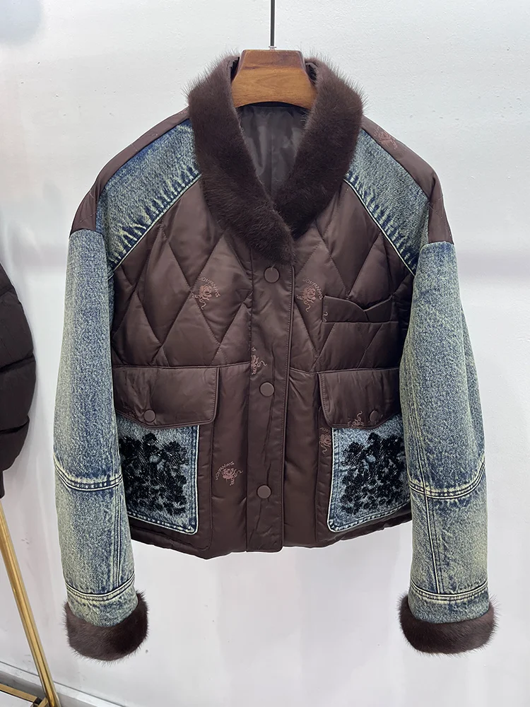 

Новинка 2025 года, зимняя женская джинсовая куртка, верхняя одежда, роскошные женские пальто с воротником из натурального натурального норкового меха, куртка на гусином пуху