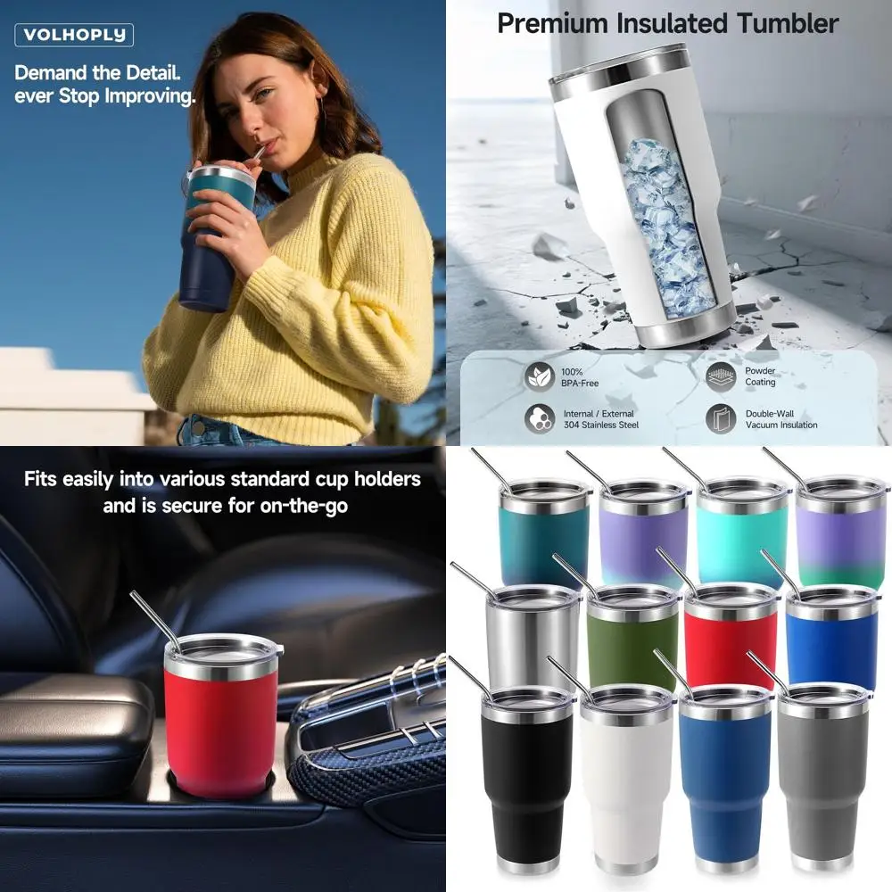 

12-Pack 30oz Double Wall Insulated Stainless Steel Tumblers with Lids - Assorted Colors for Coffee or Iced Beverages, Ideal for
