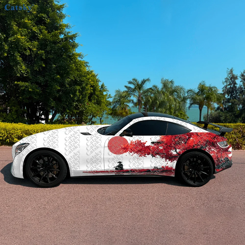 Red Ink Maple Leaf Warrior Car Side Sticker Decoration,PVC Waterproof Scratch Resistant Decal,Car Protect,Auto Accessories Gift
