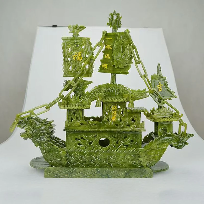 38cm*/ Elaborate South China Taiwan jade hand-carved feng shui sailing lucky dragon boat /Household gift decorations