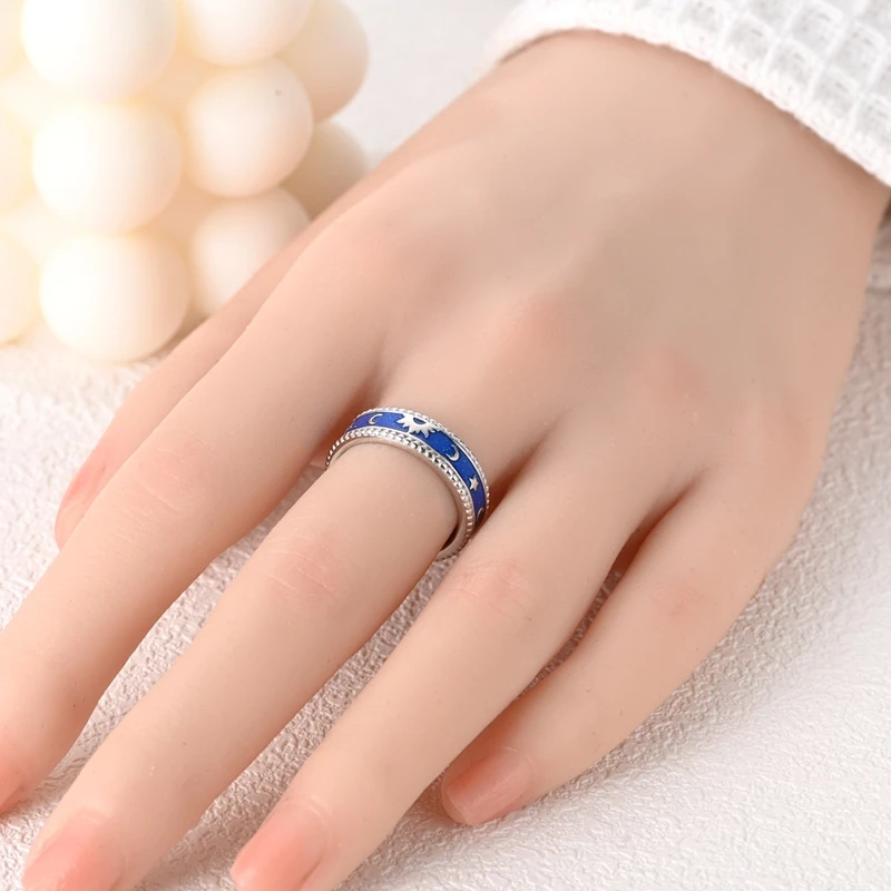 オリジナル 925 スターリングシルバー発光スタームーンリング女性ガールズジュエリー誕生日記念日ギフト