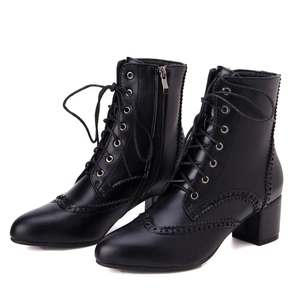 2024New Lace Up Ladies Square High Heel Shoes Ankle Boots Side Zip Retro Women Pointed Toe Thick Soled Short Booties White Black