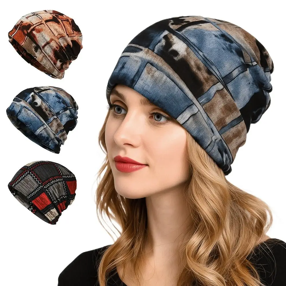 Contrasting Colors Pullover Hat Plaid Print Multifunctional Casual Hedging Cap Scarf Pullover Hat Keep Warm Women's Pile Hat
